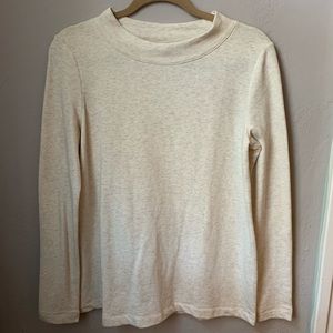 Button back French terry mock neck sweater